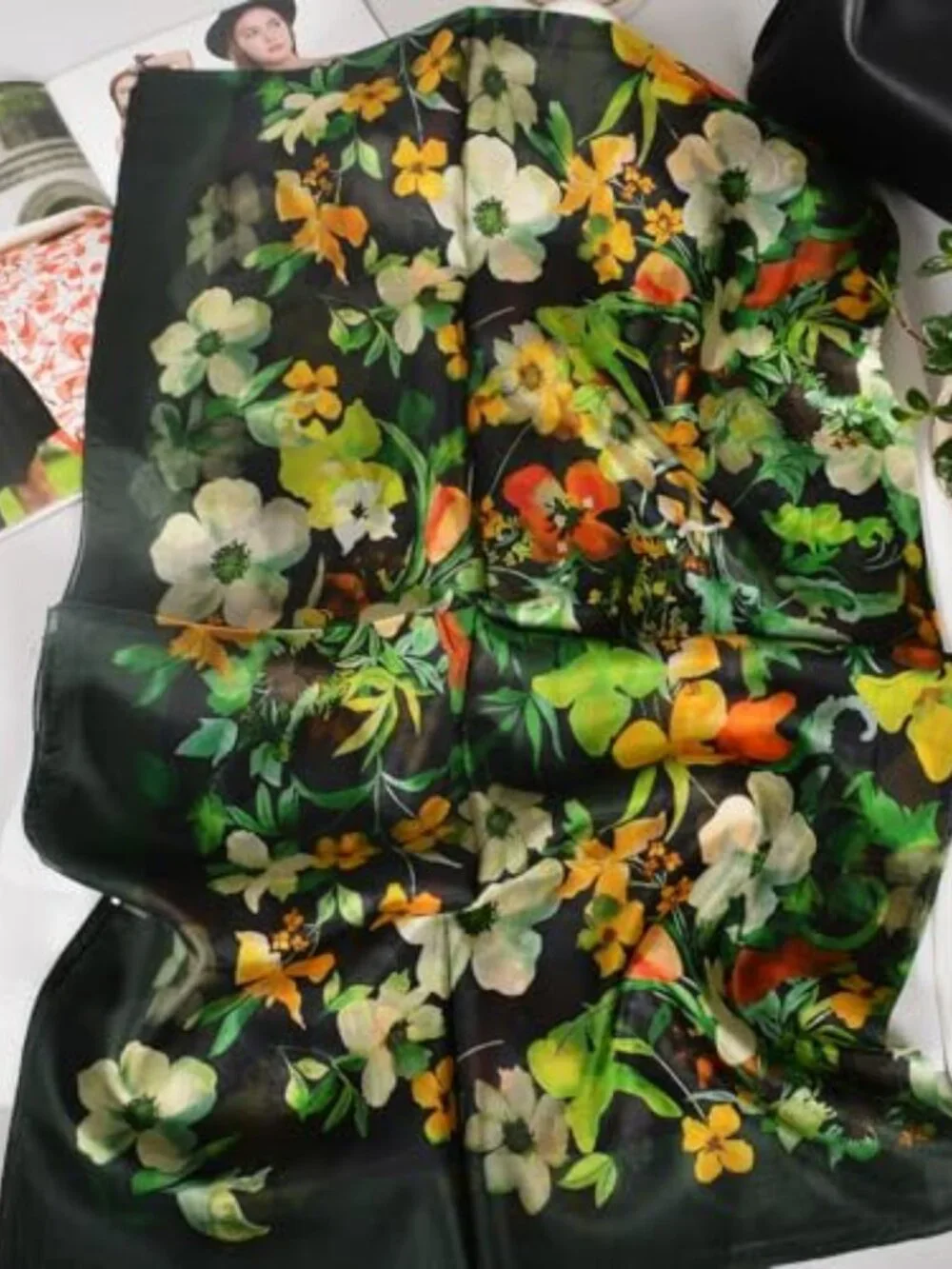 100% Mulberry Silk Scarf 69x43 Floral Long Shawl Wraps Office Wear Travel Photo
